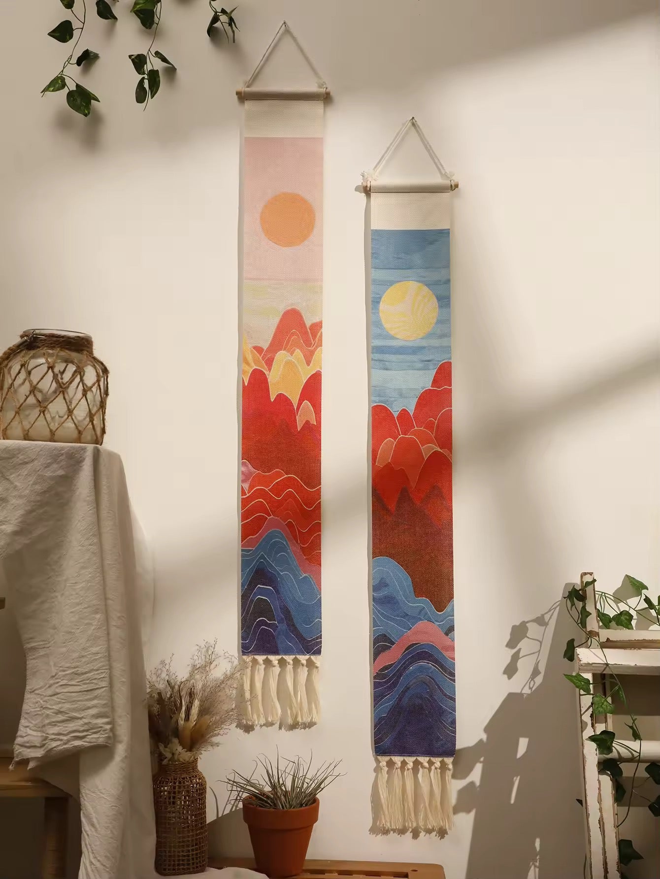 Boho macrame tapestry set with sunset and sunrise design and fringe