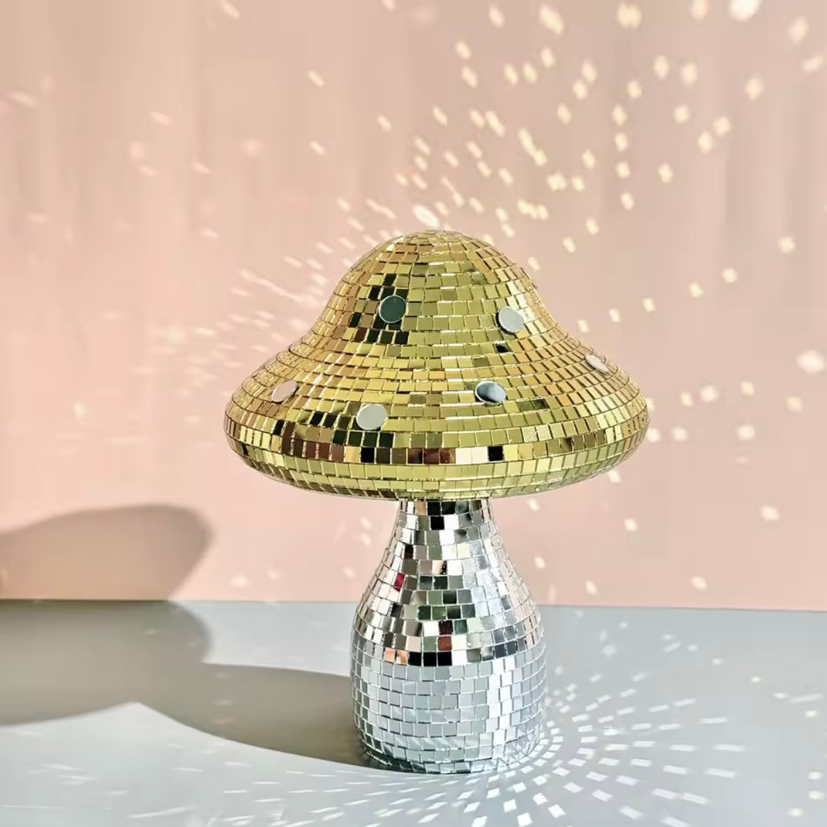 Boho-inspired shelf with mushroom disco ornament