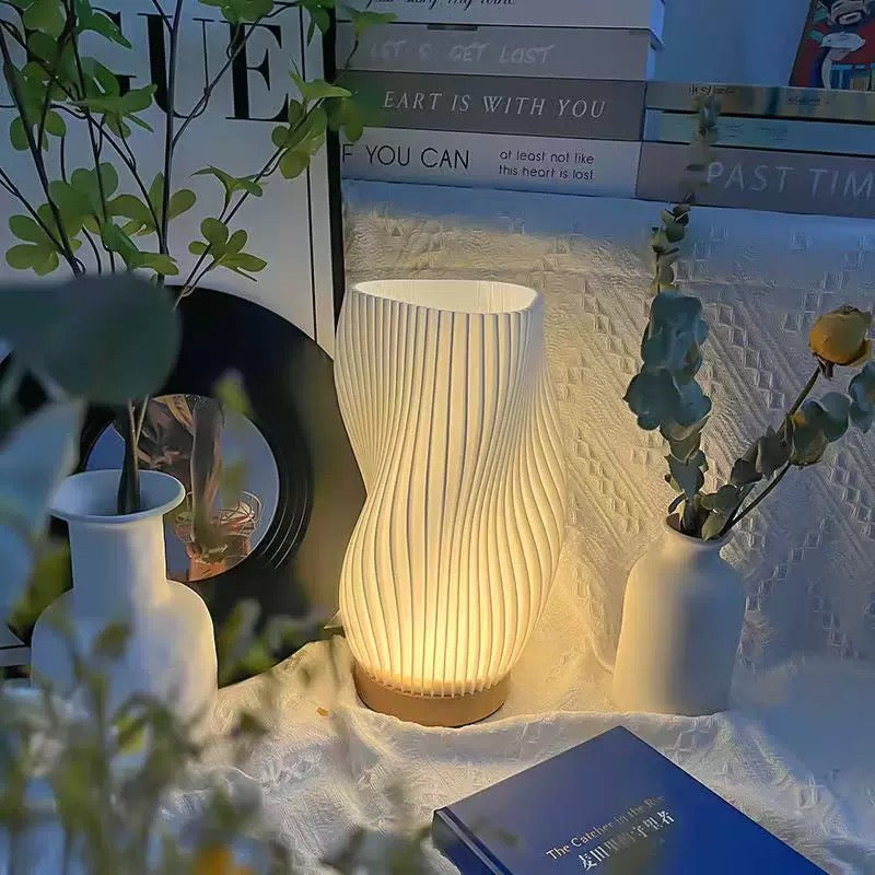 French cream style bedside lamp with 3D printed striped lampshade. Wooden base desk lamp with USB charging and dimming.