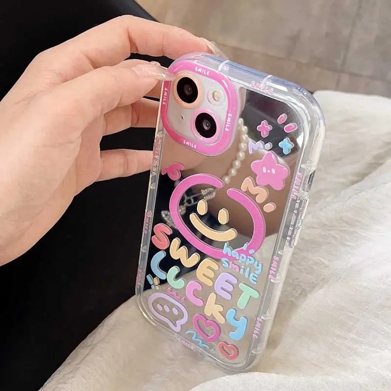 Makeup mirror iPhone case with colorful Y2K graffiti. Shockproof design for iPhone Pro Max and other models.