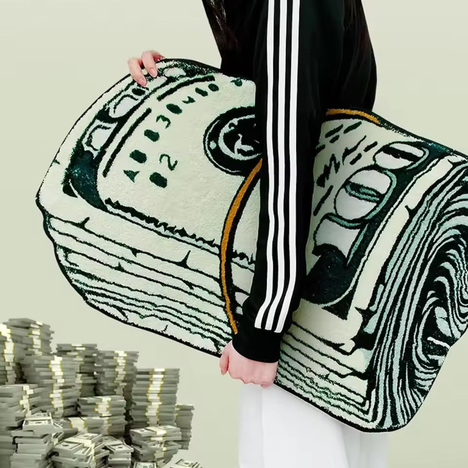 TikTok-style dorm room decorated with a rolled money floor mat