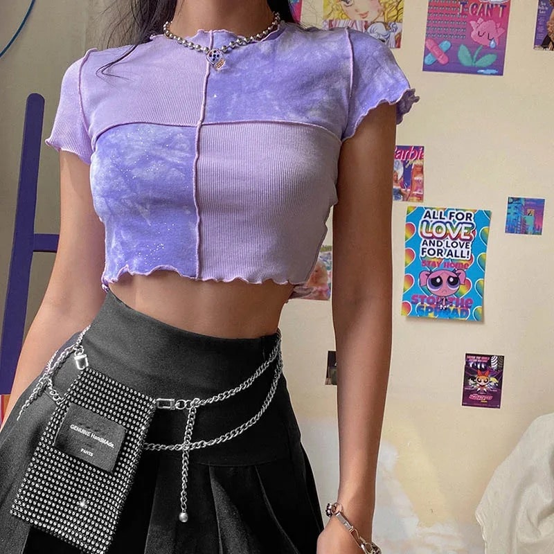 Tie dye crop top with sequin patchwork in purple
