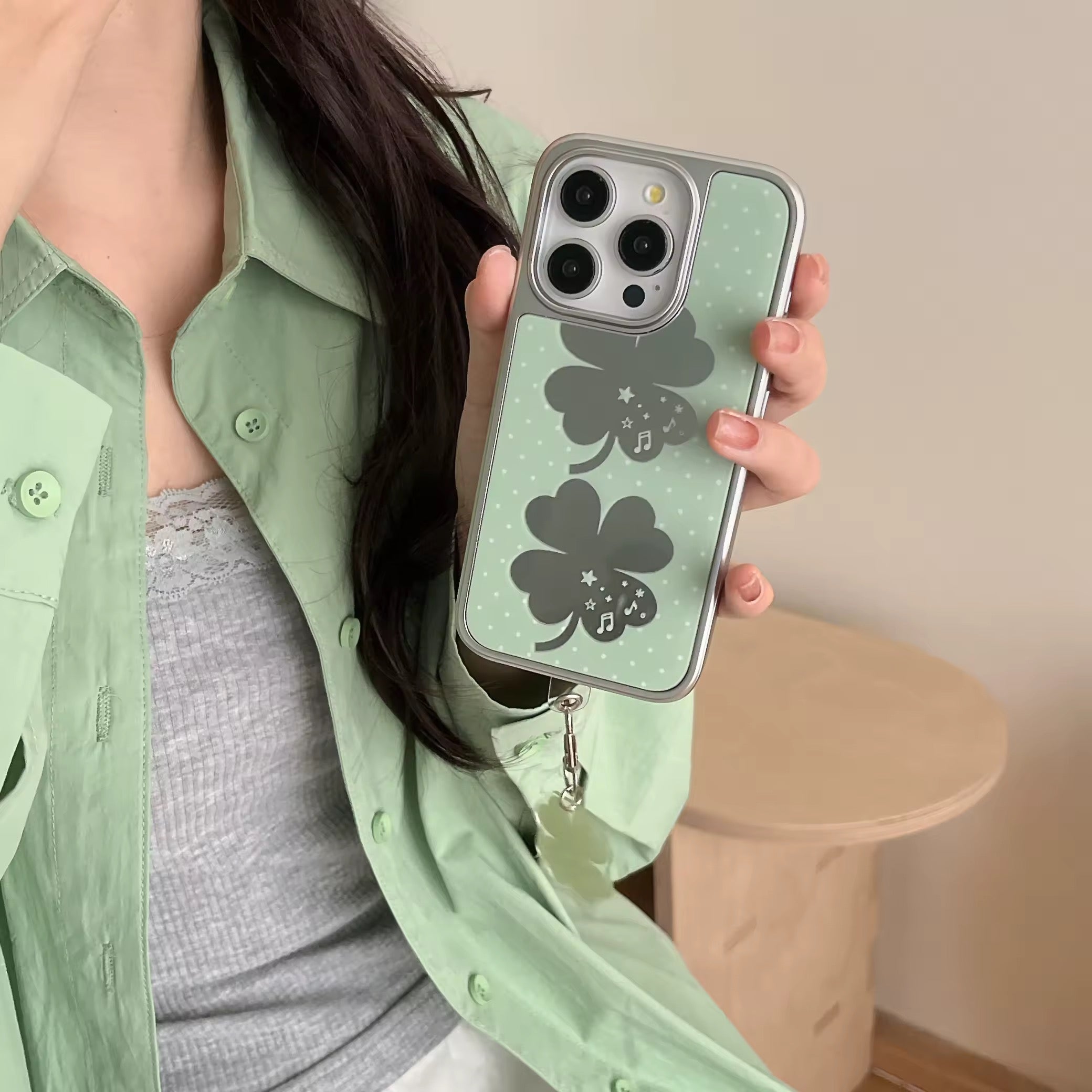 Four-leaf clover iPhone case with polka dots and aesthetic vibe for TikTok trends