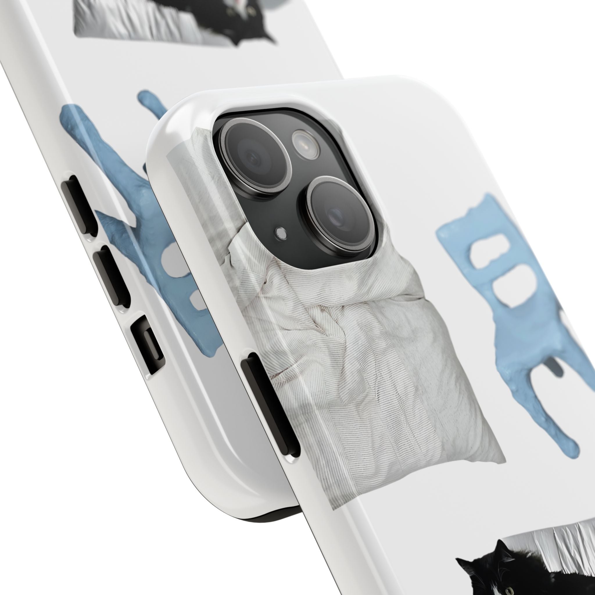 Phone case with blue cat design on a white background