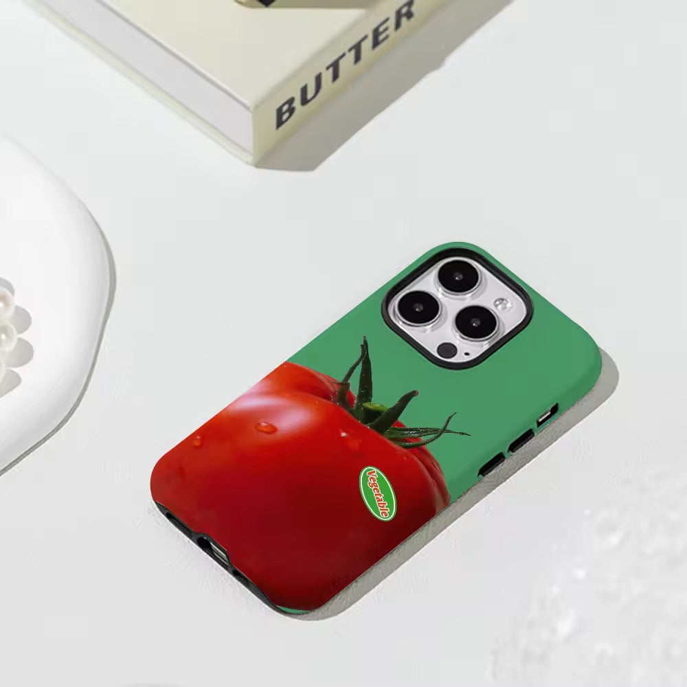 Tomato iPhone case on white bedding in coquette room