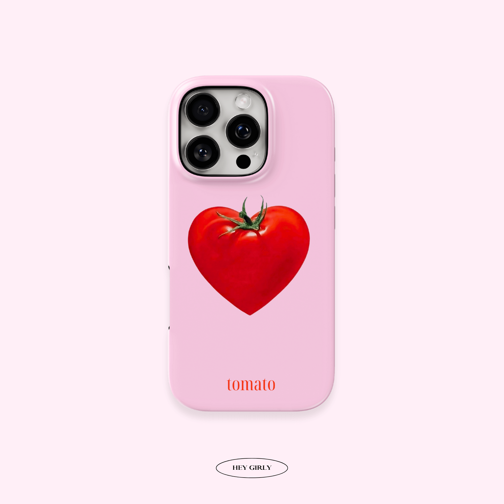 Glossy pink iPhone case with a red tomato heart — perfect for aesthetic phone lovers.