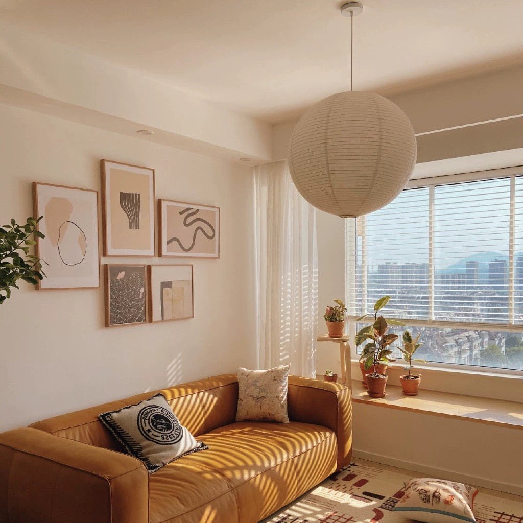 Modern Japanese wabi-sabi ceiling light with a soft paper shade, elegant pendant lighting for lofts or cafes