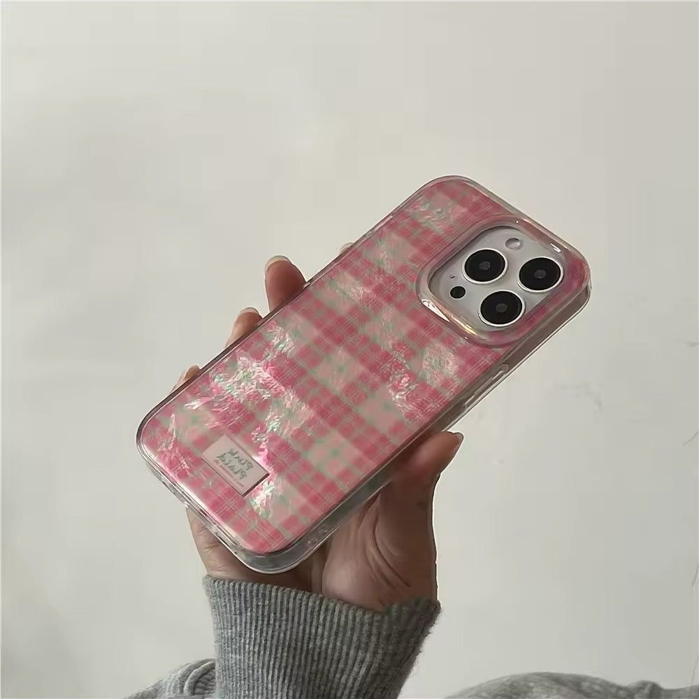 Shockproof pink plaid phone cover for iPhone 16, 15, 14, and more