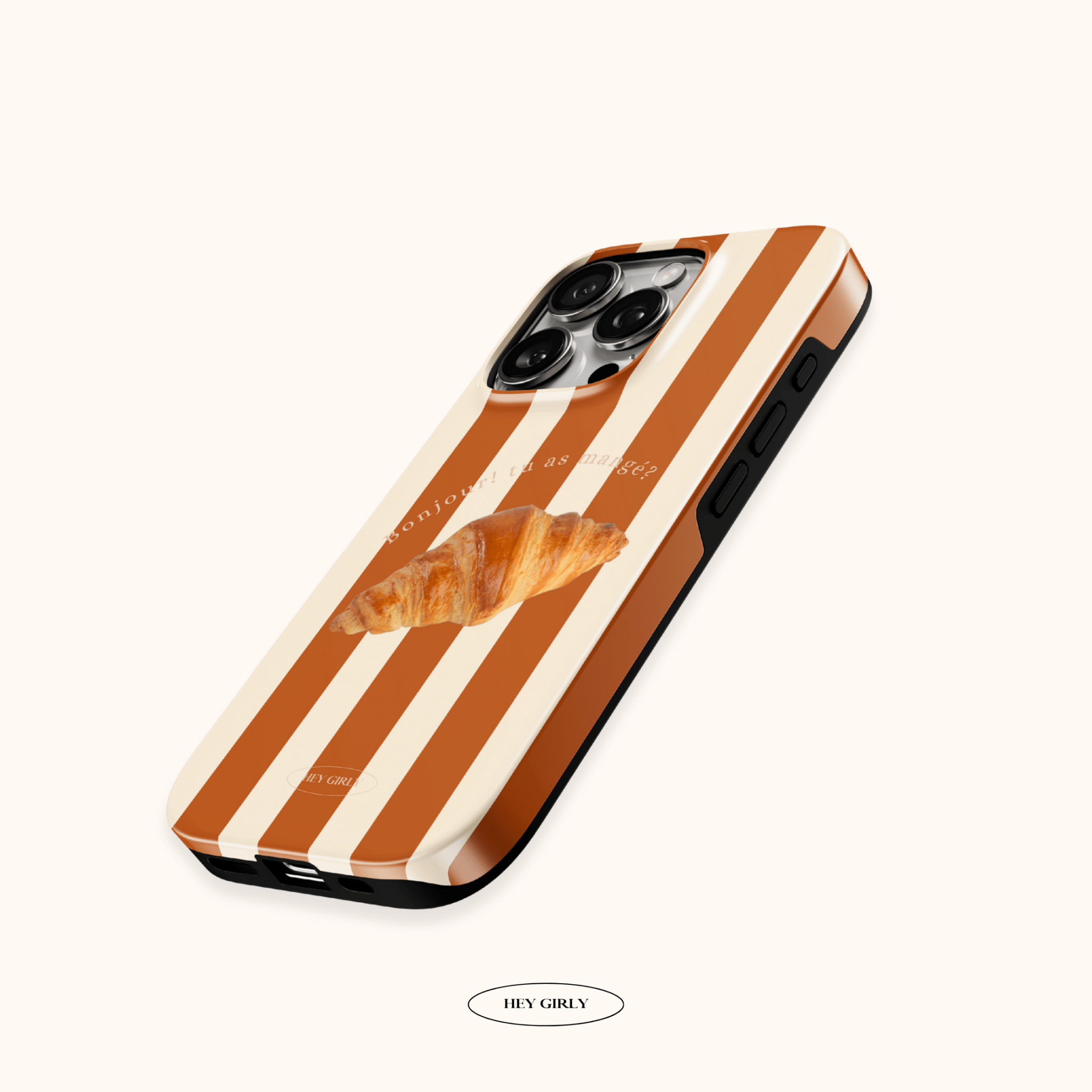 Latte aesthetic iPhone case with croissant print and minimal stripe design