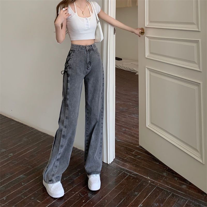 Stylish lace-up wide-leg denim jeans with high-waist design. Perfect for Korean fashion and autumn-winter chic streetwear.
