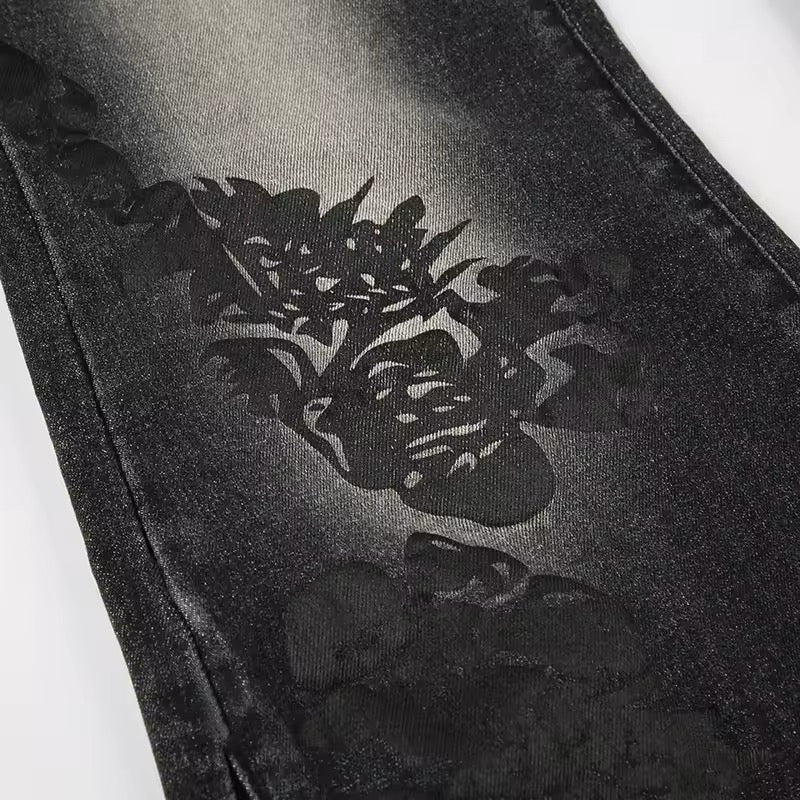 Y2K Flare Jeans Distressed | Retro Floral Print Low Rise Denim