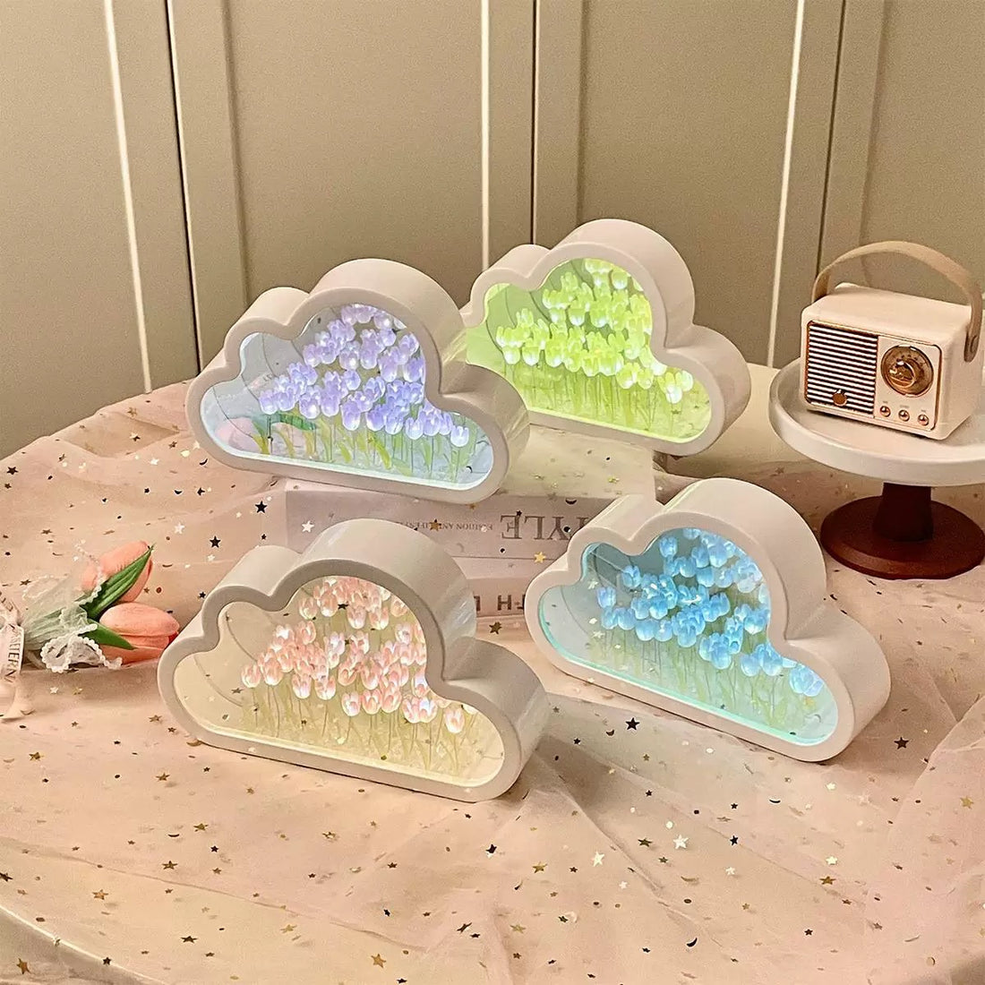 Tulip Cloud Night Light with glowing acrylic flowers