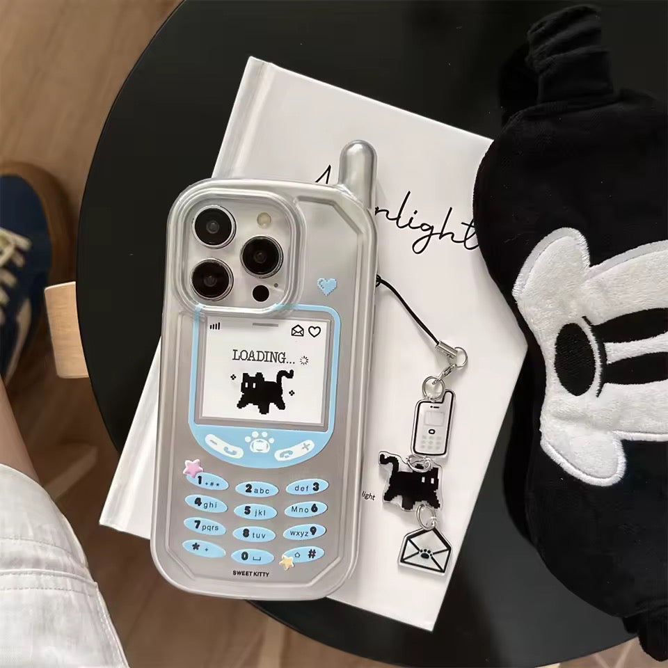 Phone case with vintage phone design and cat illustration on a table