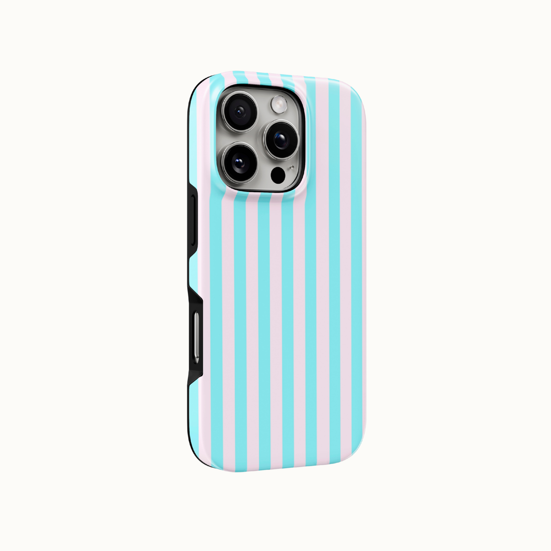 A protective phone case with vertical light blue and white stripes, shown on a light off-white background.