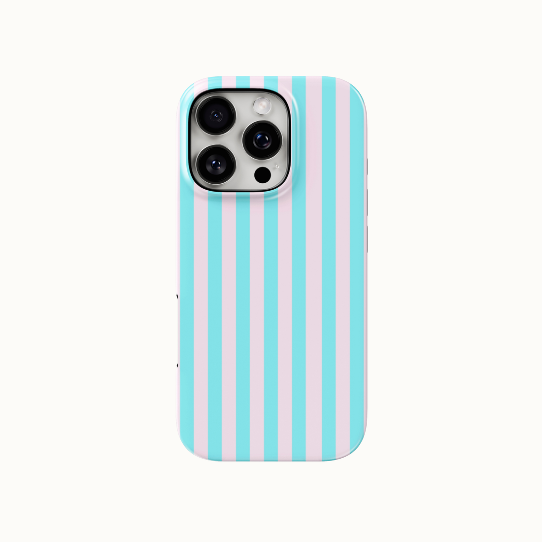 A protective phone case with vertical light blue and white stripes, shown on a light off-white background.