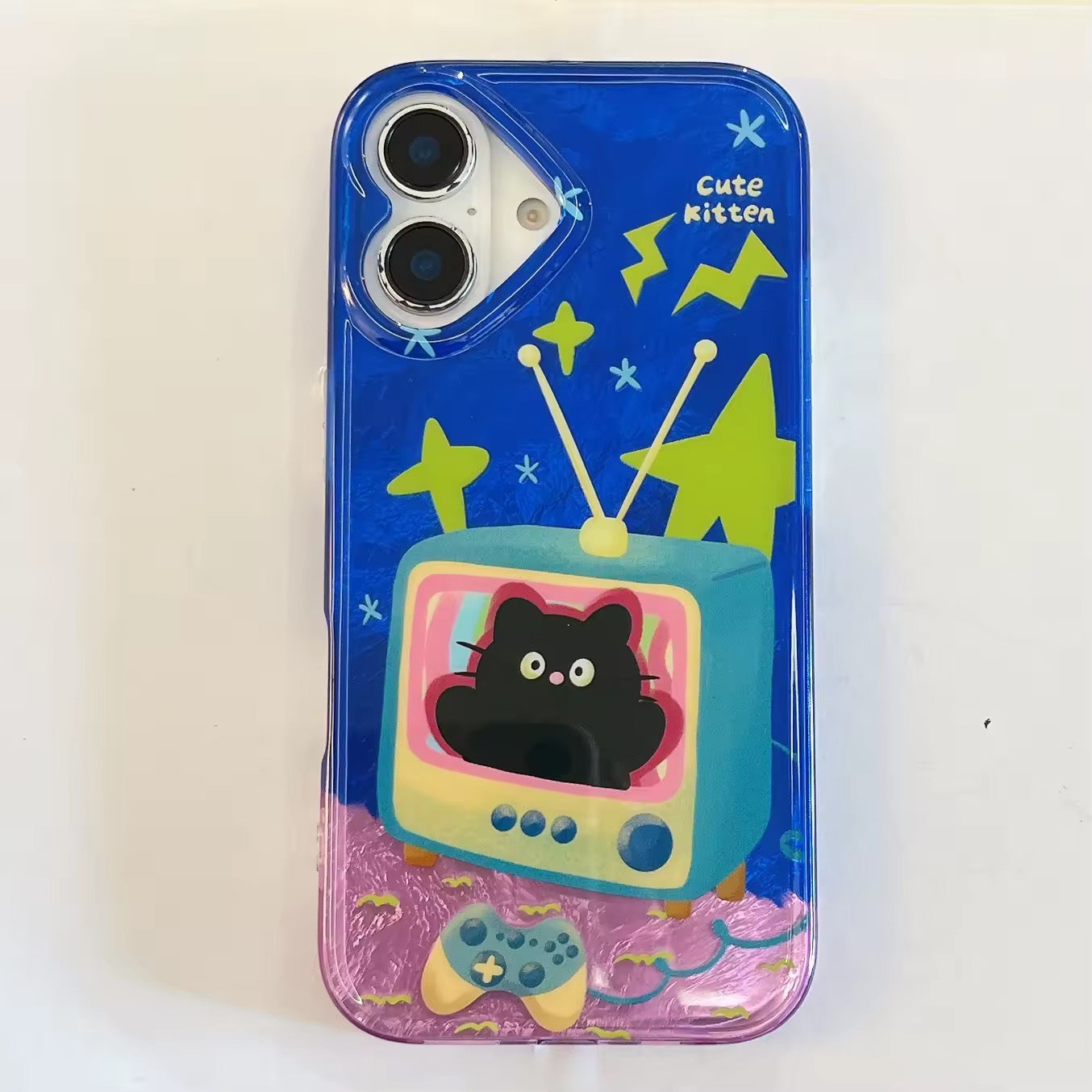 Blue Y2K TV cat iPhone case with retro cartoon kitten design and neon accents