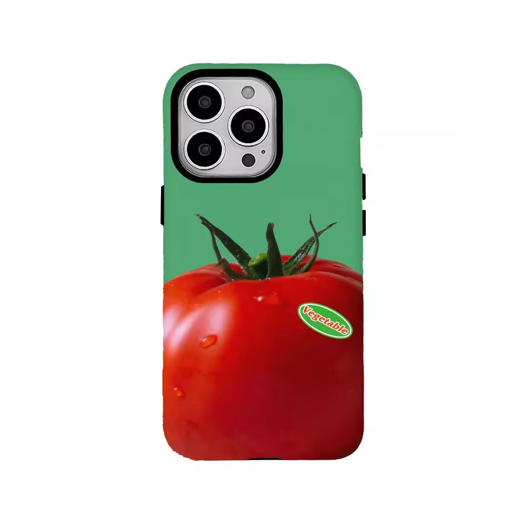 Funny tomato iPhone case with green background and "Vegetable" sticker