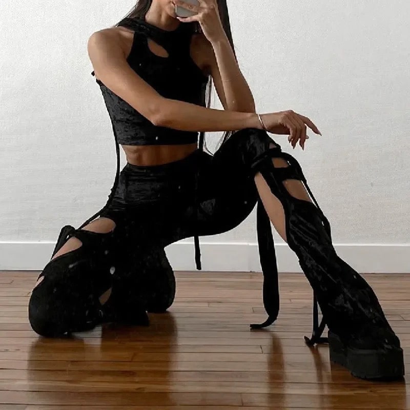 Black Goth Velvet Pants – High-Waisted Gothic Bell Bottom Pants