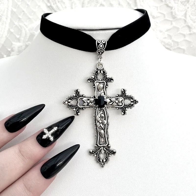 Black velvet grunge choker with cross pendant and crystal accents. Gothic necklace for women and men. Perfect punk aesthetic jewelry for parties.