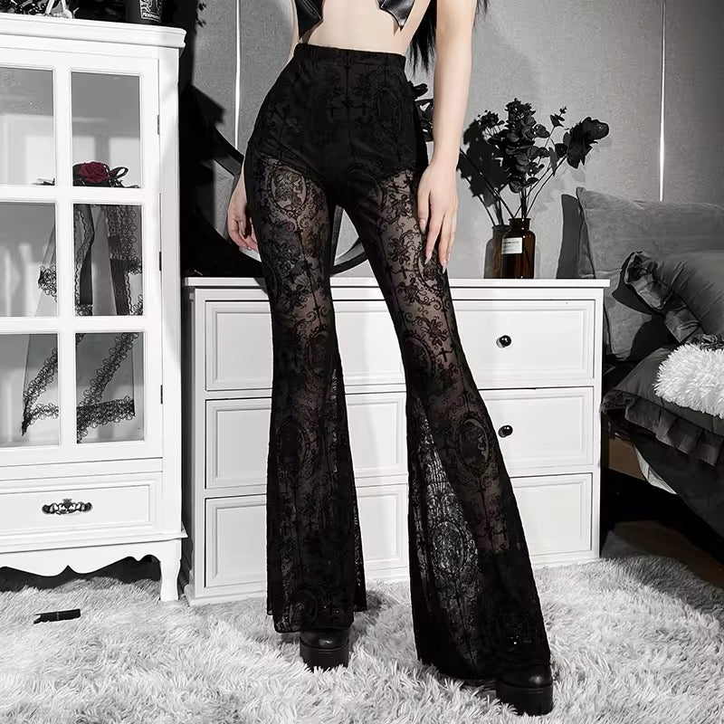 Gothic black lace flared pants with high-waist design