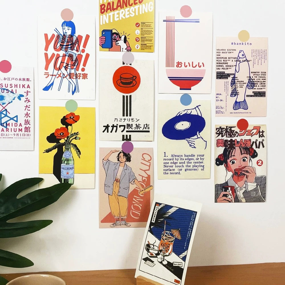 Artistic kawaii postcards for room and office décor
