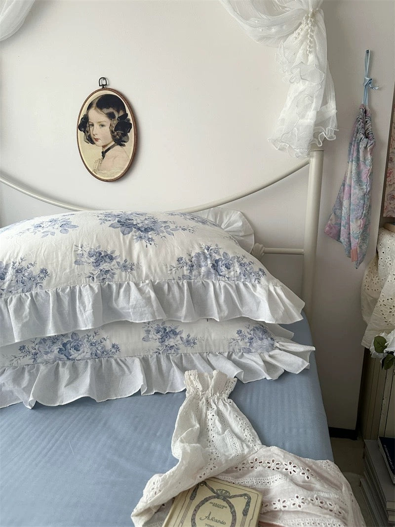 Romantic blue floral duvet cover with lace trim and soft breathable cotton fabric