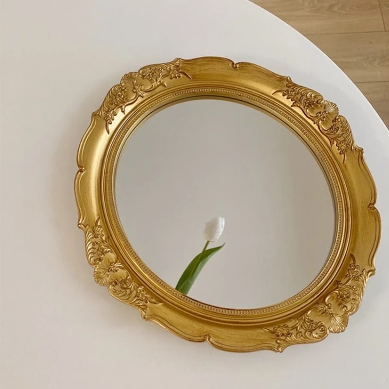 Golden reflection mirror tray with handles and vintage decor