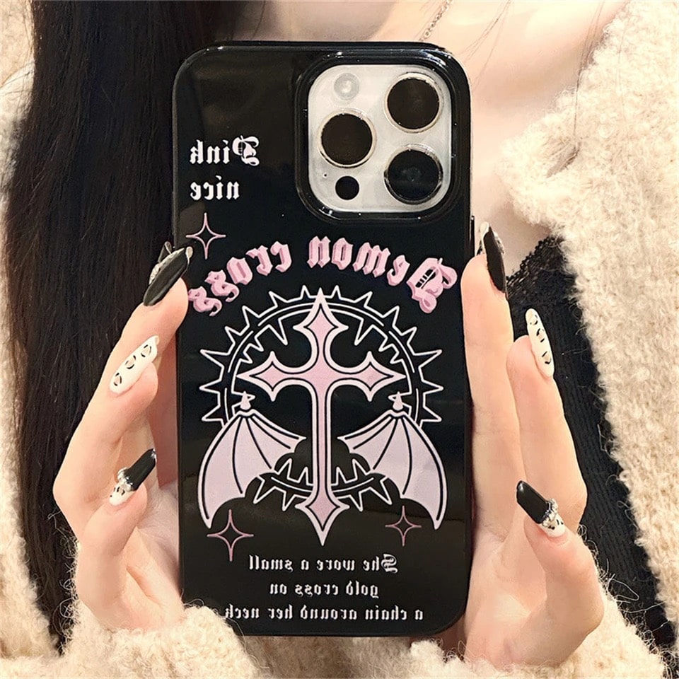 Vintage gothic iPhone case with Y2K grunge design. Black rubber cover with pink wings for iPhone 11, 12, 13, 14, and 15 Pro Max.