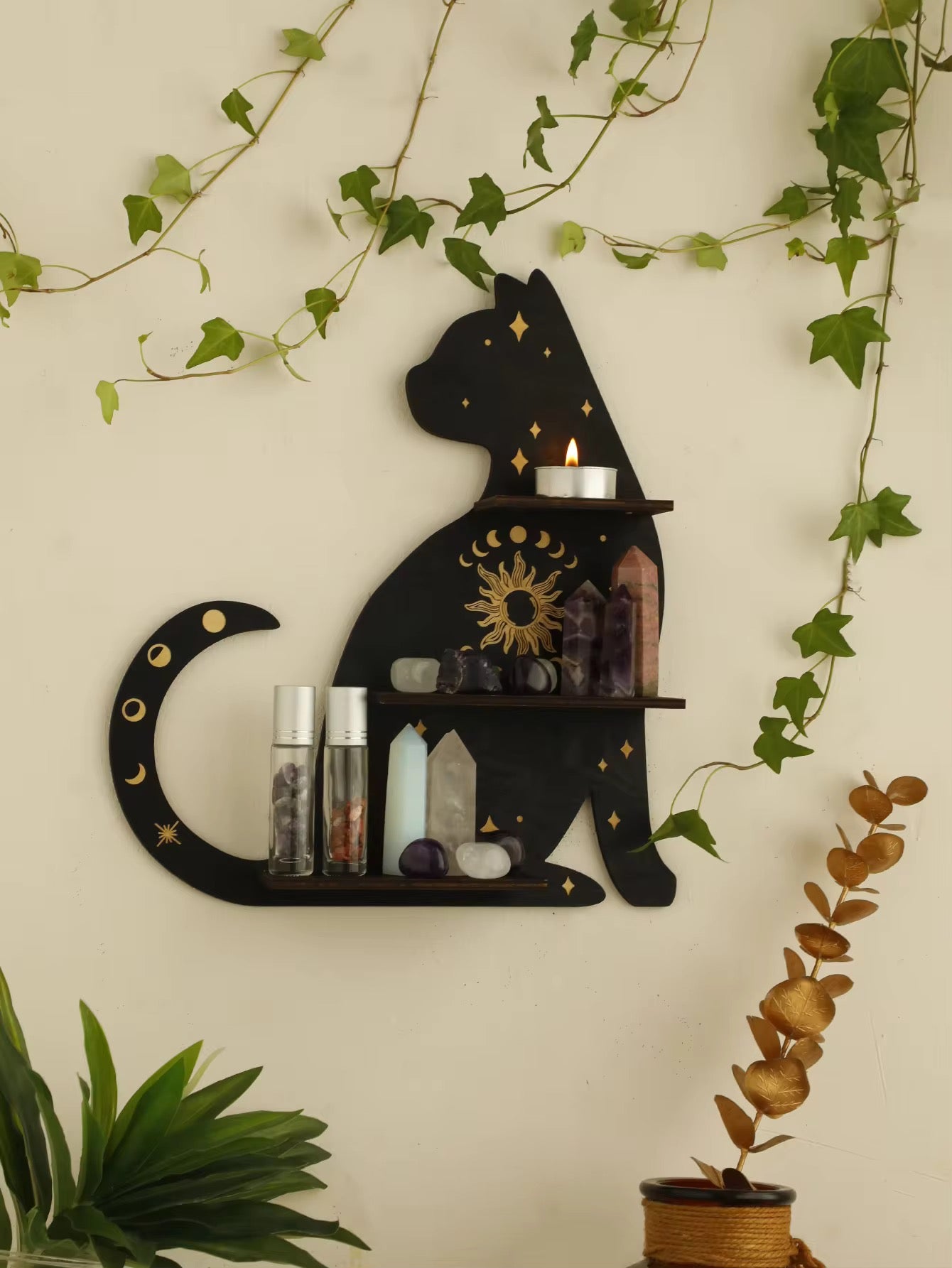 Black Cat Wooden Shelf – Witchy Crystal Holder, Vintage Decor