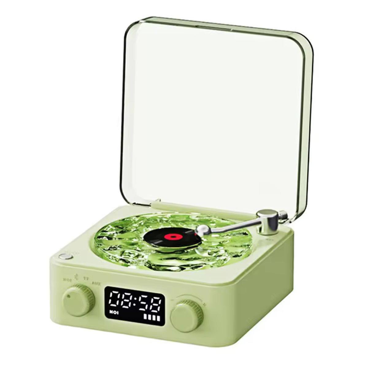 Green record player with a digital clock display on a white background