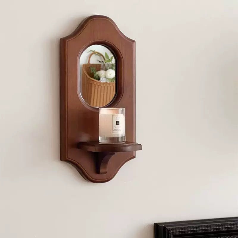 Vintage solid wood wall mirror with shelf in warm oak finish.