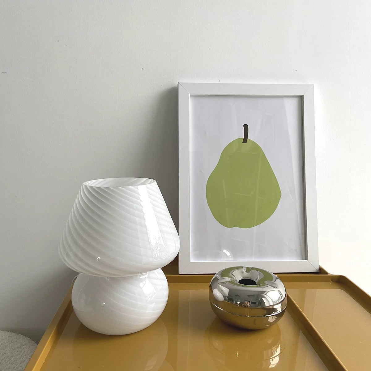 Pink striped mushroom desk lamp for soft girl room decor. Vintage-inspired Murano glass lamp with LED lighting.