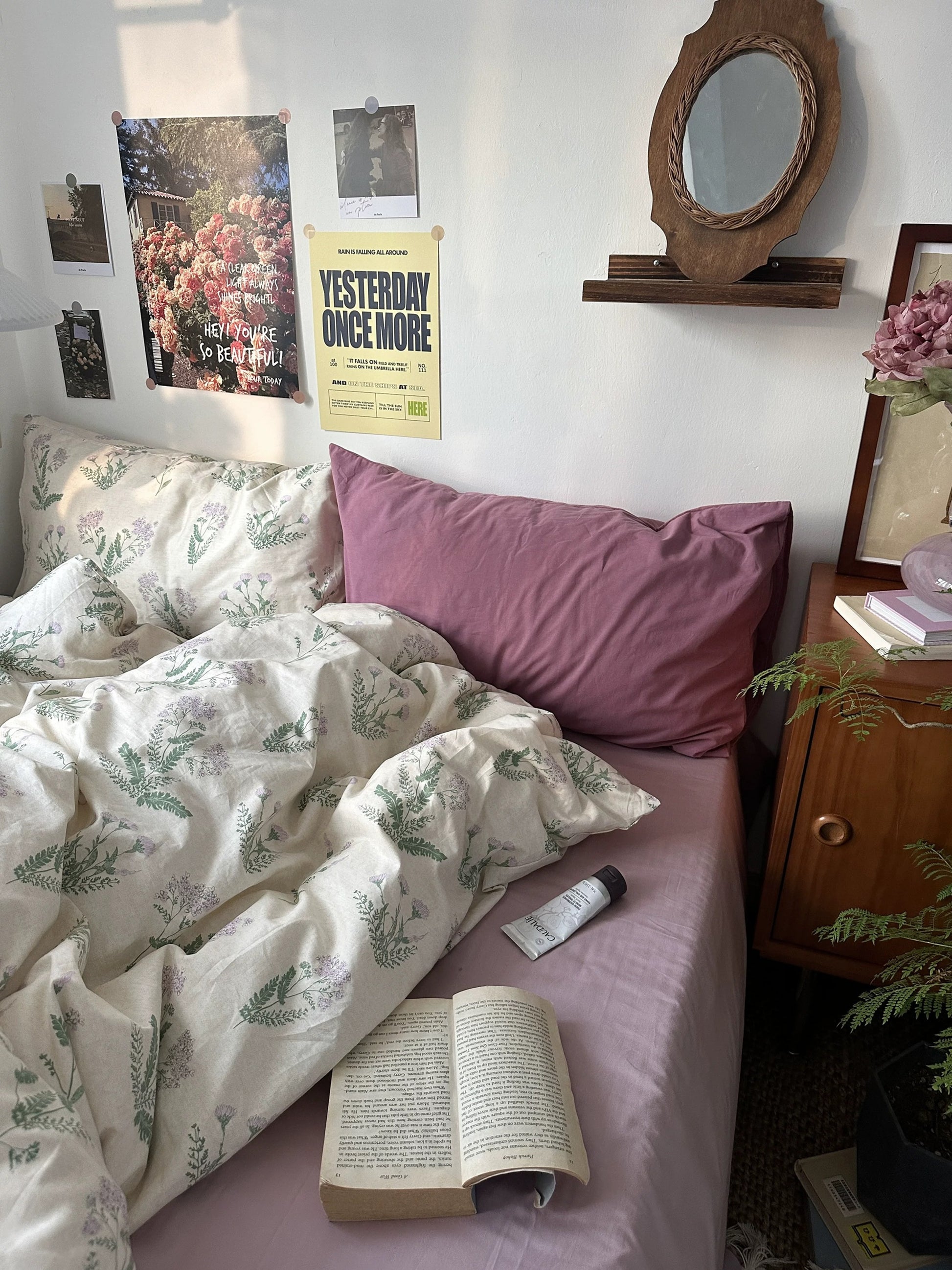 English cottage inspired botanical duvet cover featuring delicate meadow flowers and soft neutral background beautifully.