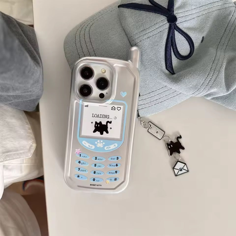Phone case with vintage phone design and loading screen on a white surface