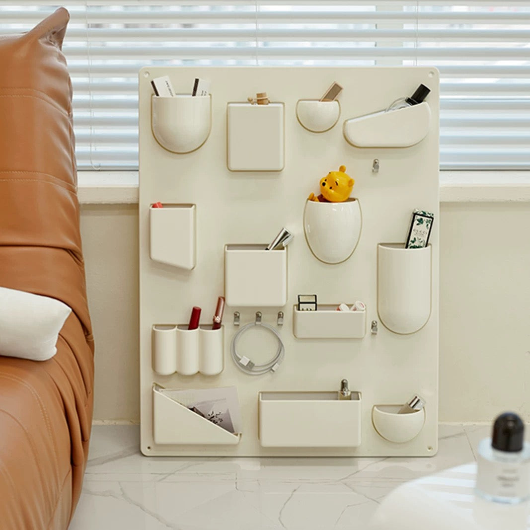 16-compartment wall storage rack with hooks for office and home use. Space-saving organizer for kitchens and bathrooms.