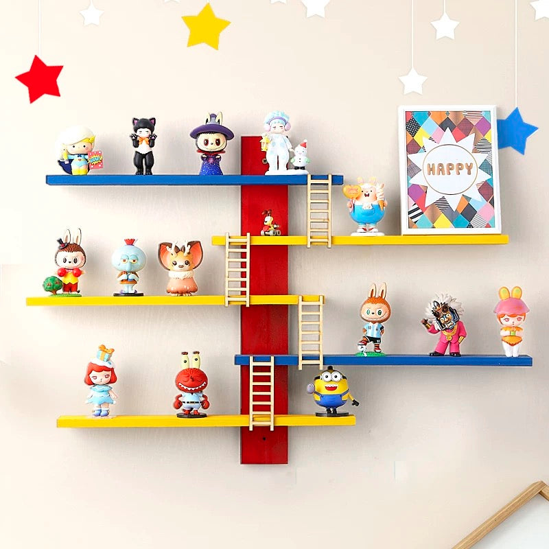 Wall-mounted toy display stand with acrylic shelves