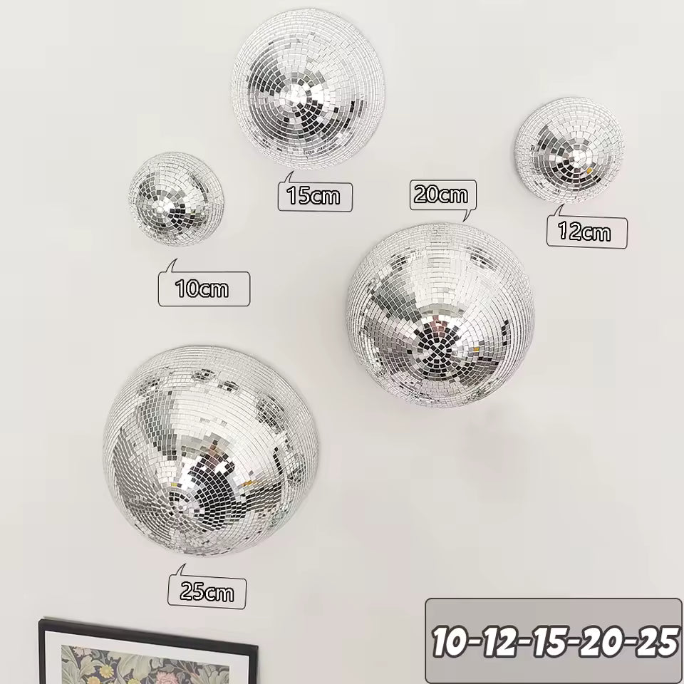 Set of disco balls with labeled sizes on a white background