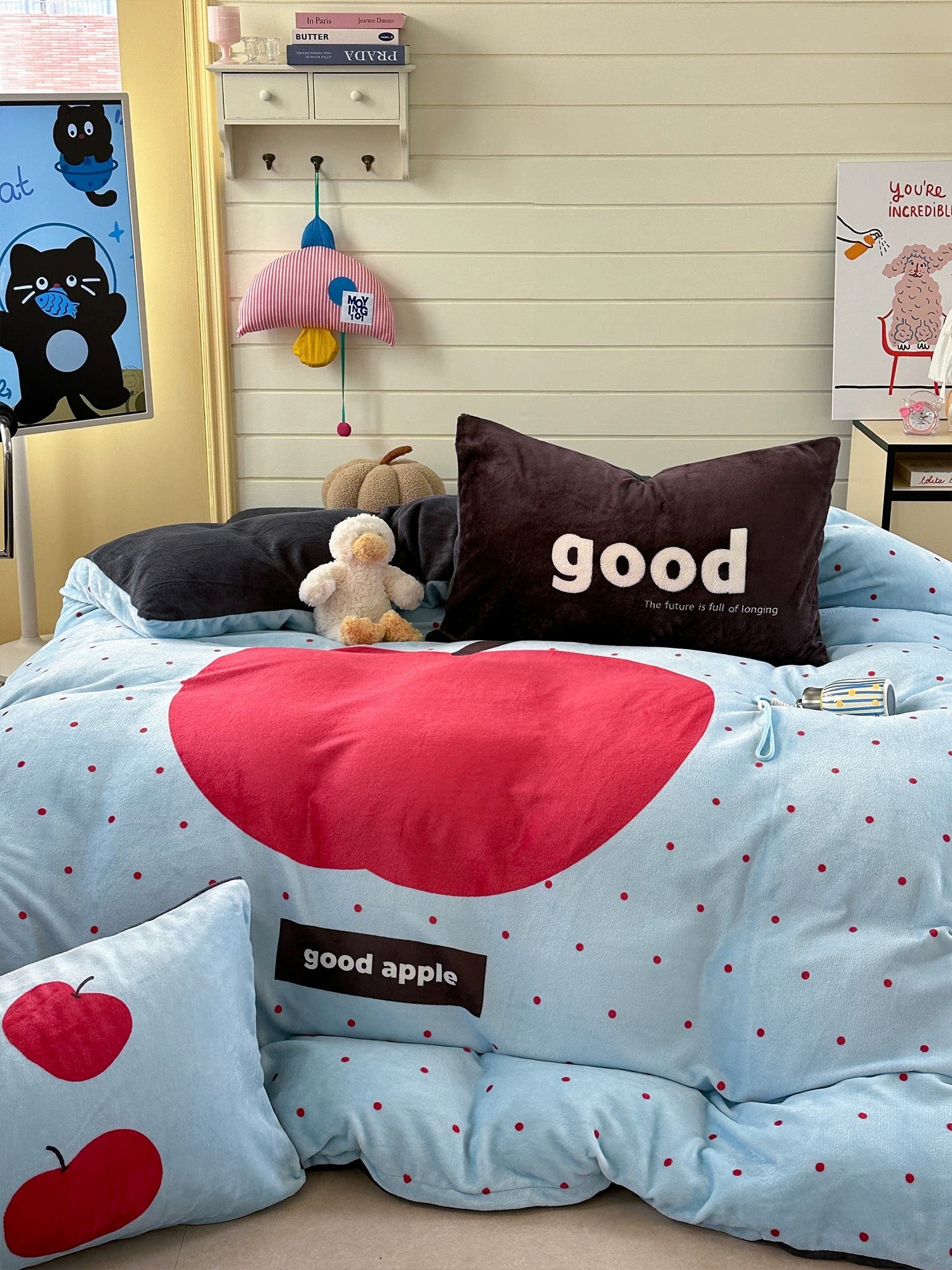 Warm apple milk fleece bedding set styled for cute winter dorm room aesthetic