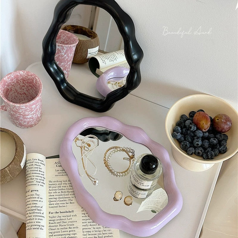 Aesthetic pastel mirror with wavy design for makeup table