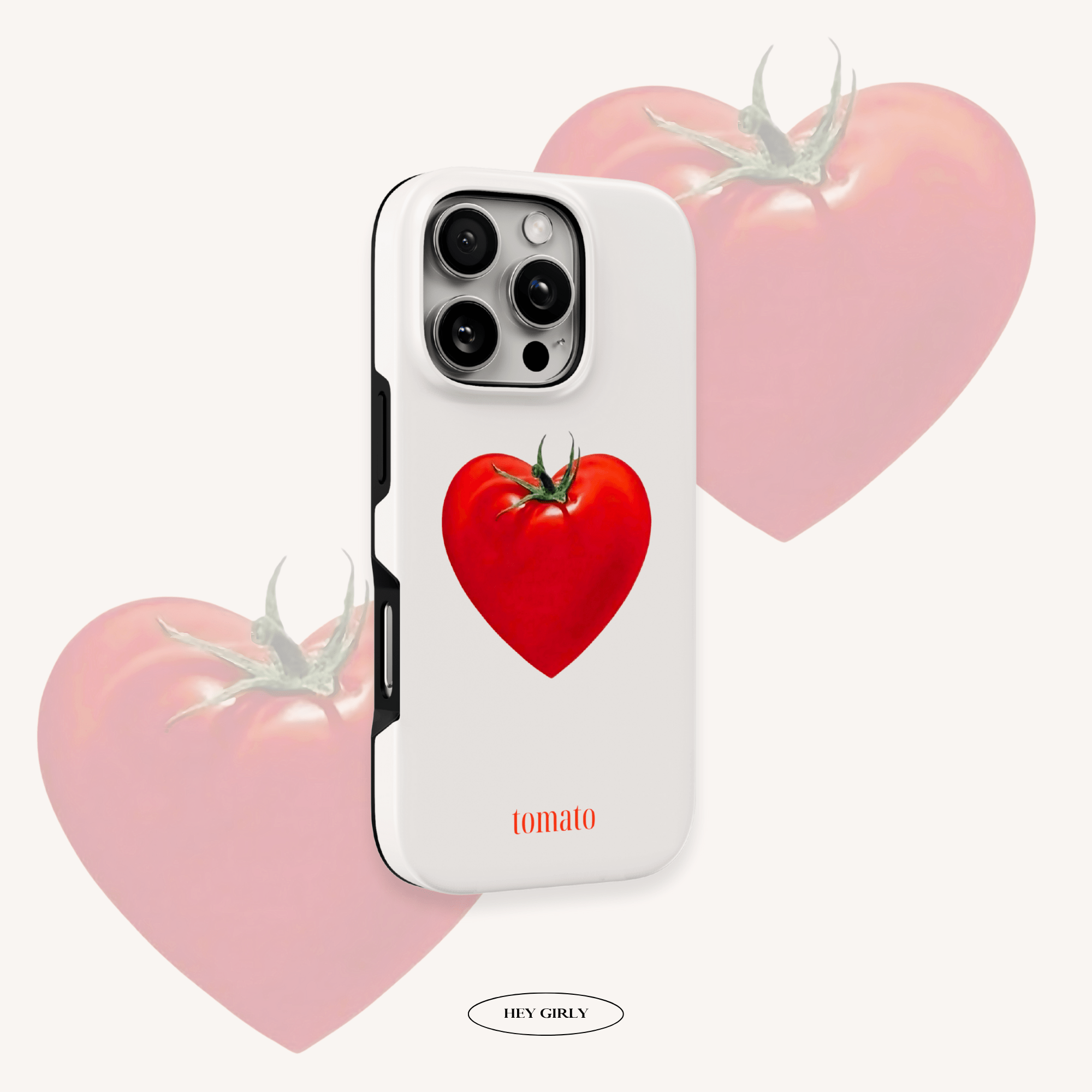 Phone case with a red heart design and 'tomato' branding on a white background