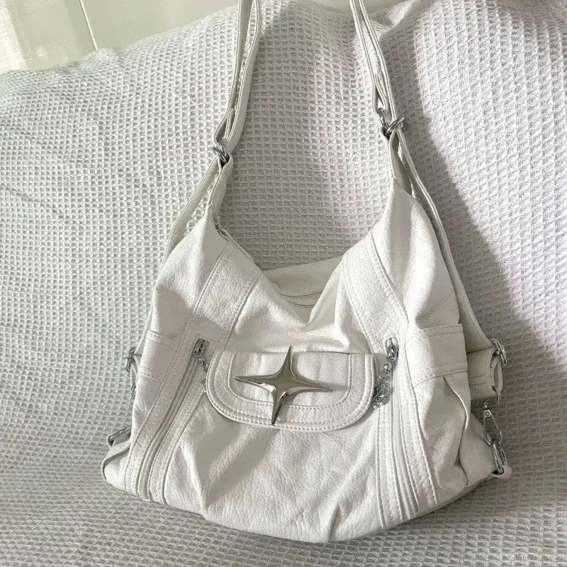 White leather Y2K bag with large capacity for women