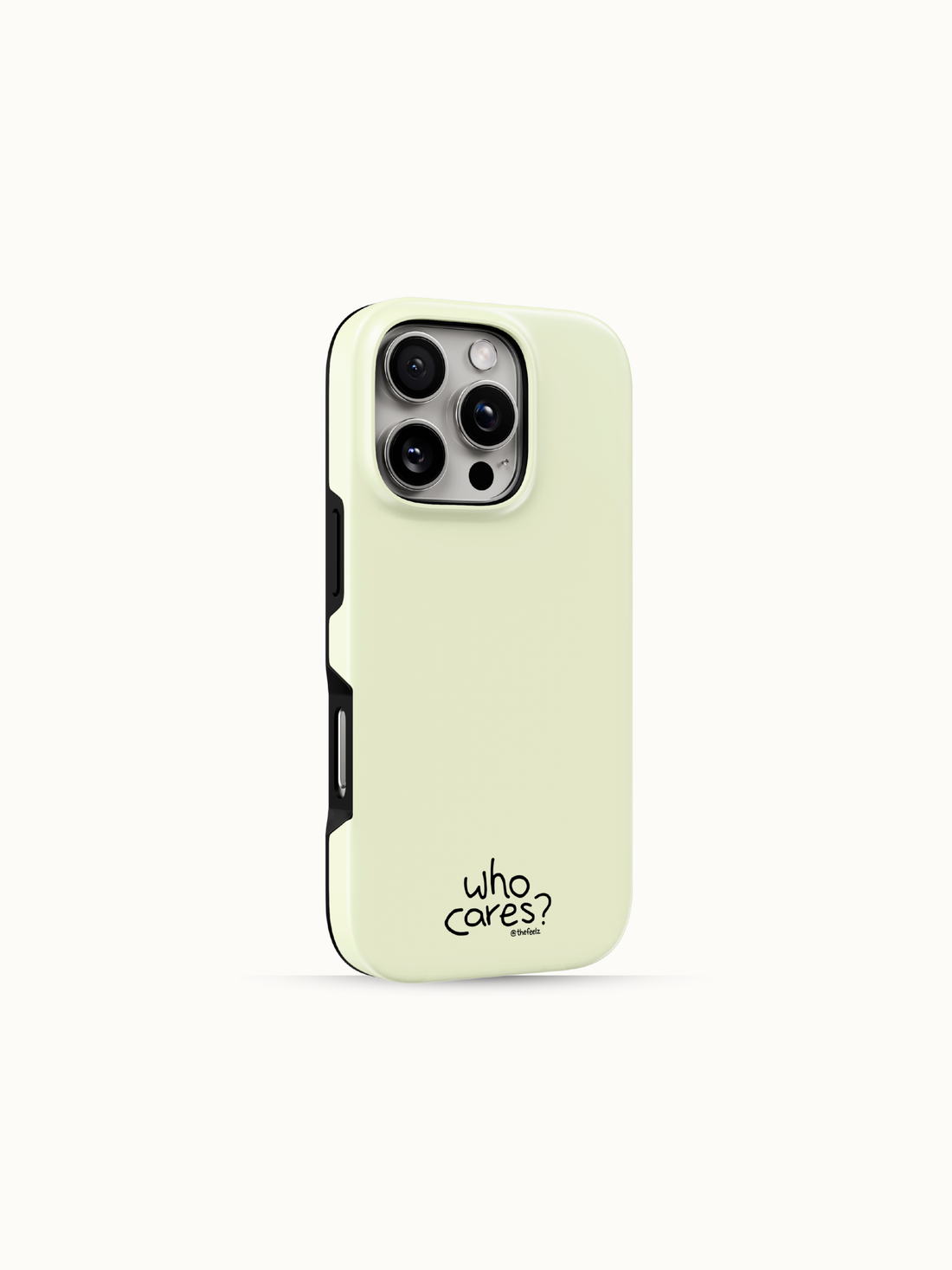 Butter yellow iPhone case with a tiny black who cares print near the bottom, back view