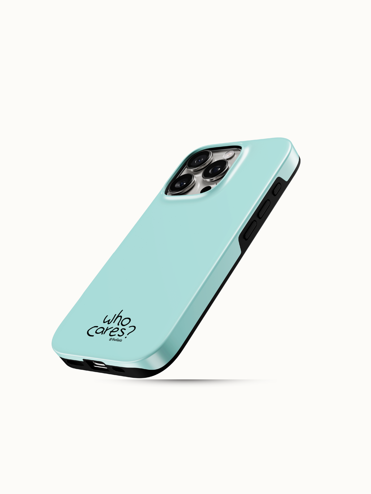 Seafoam blue-green iPhone case with a tiny black who cares print near the bottom, angled view