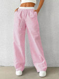 High-waist striped pink and blue lounge pants for autumn