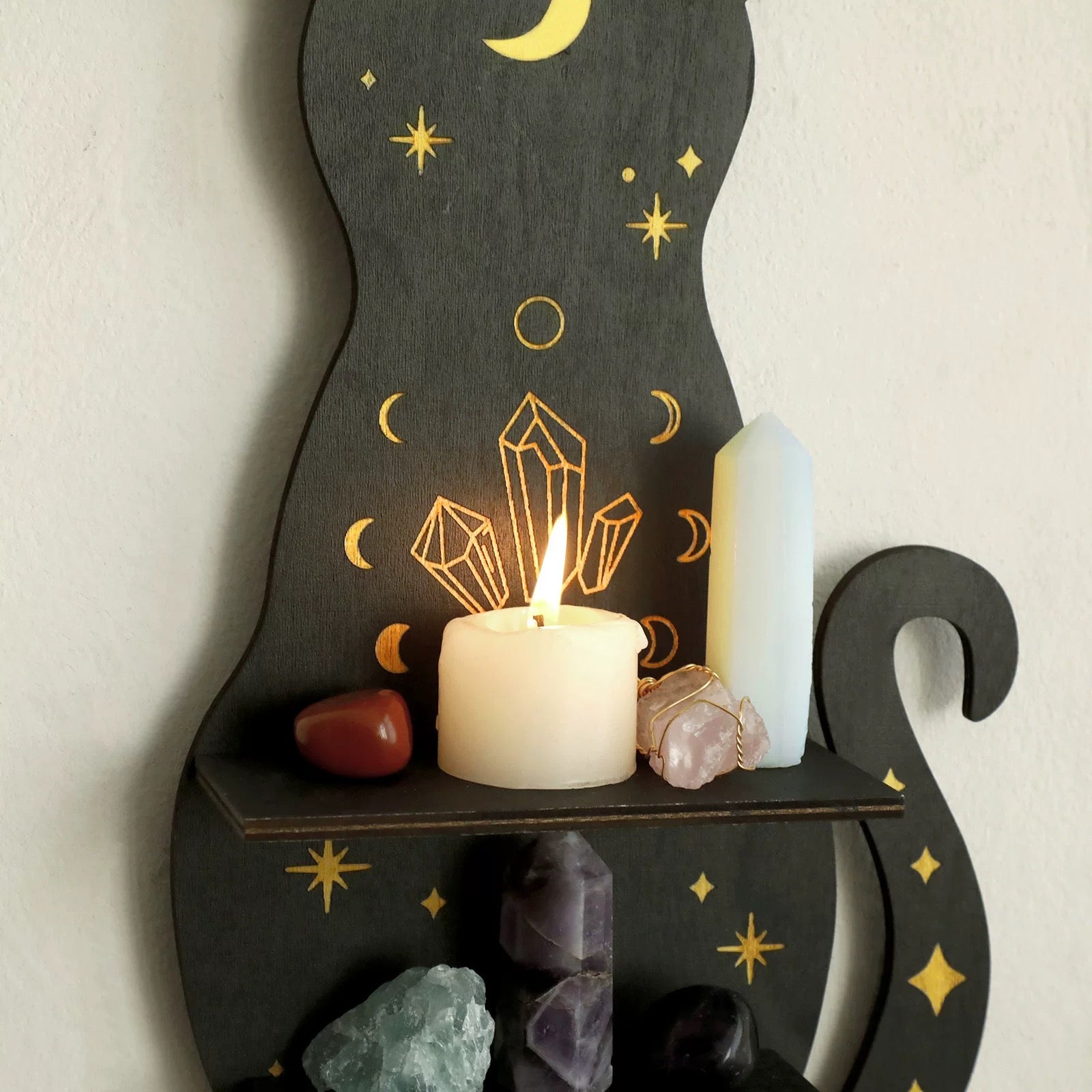 Black Cat Wooden Shelf – Witchy Crystal Holder, Vintage Decor