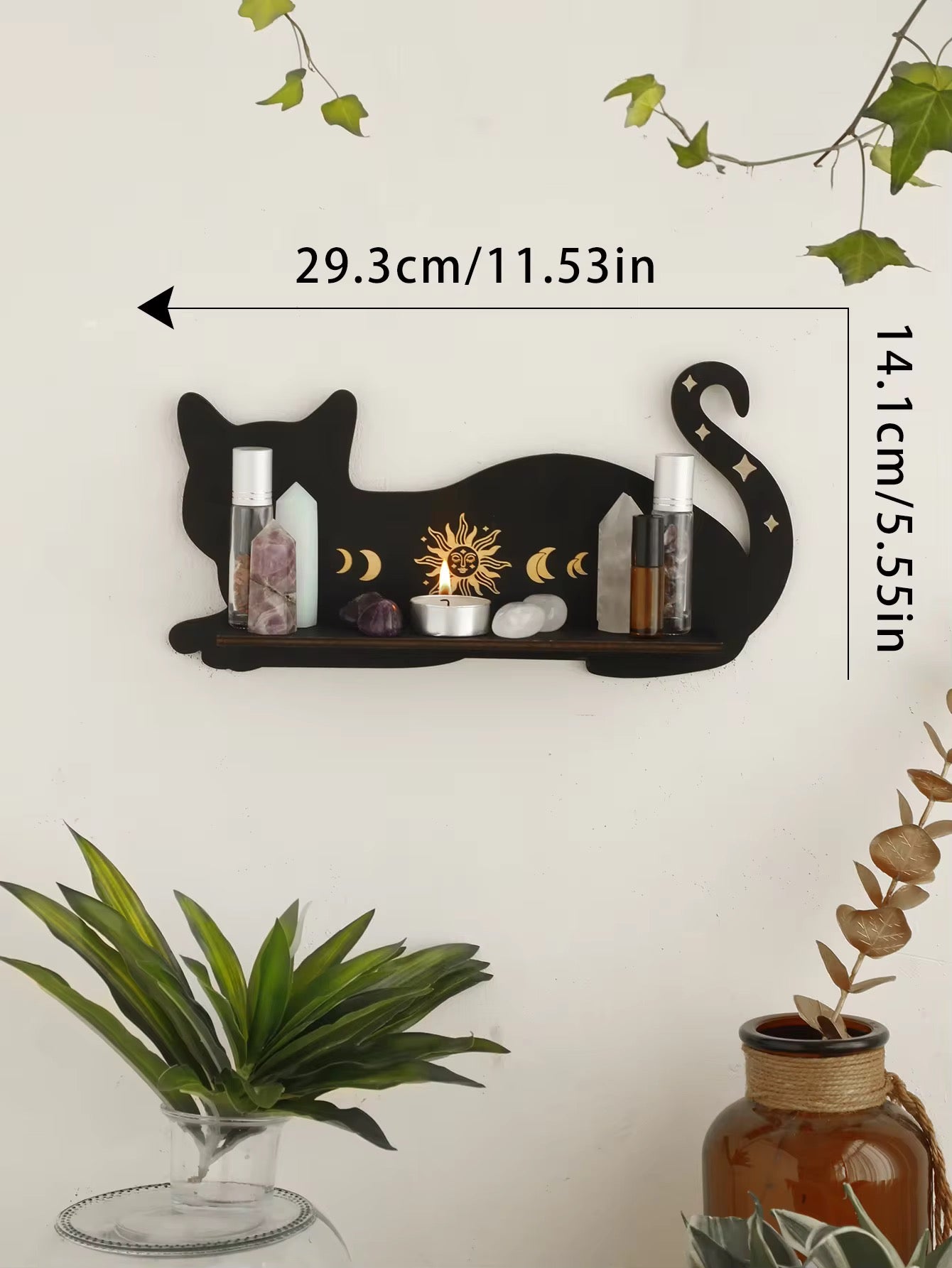 Black Cat Wooden Shelf – Witchy Crystal Holder, Vintage Decor