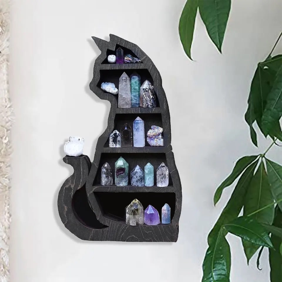 Handcrafted Celestial Cat Crystal Shelf with moon and stars design