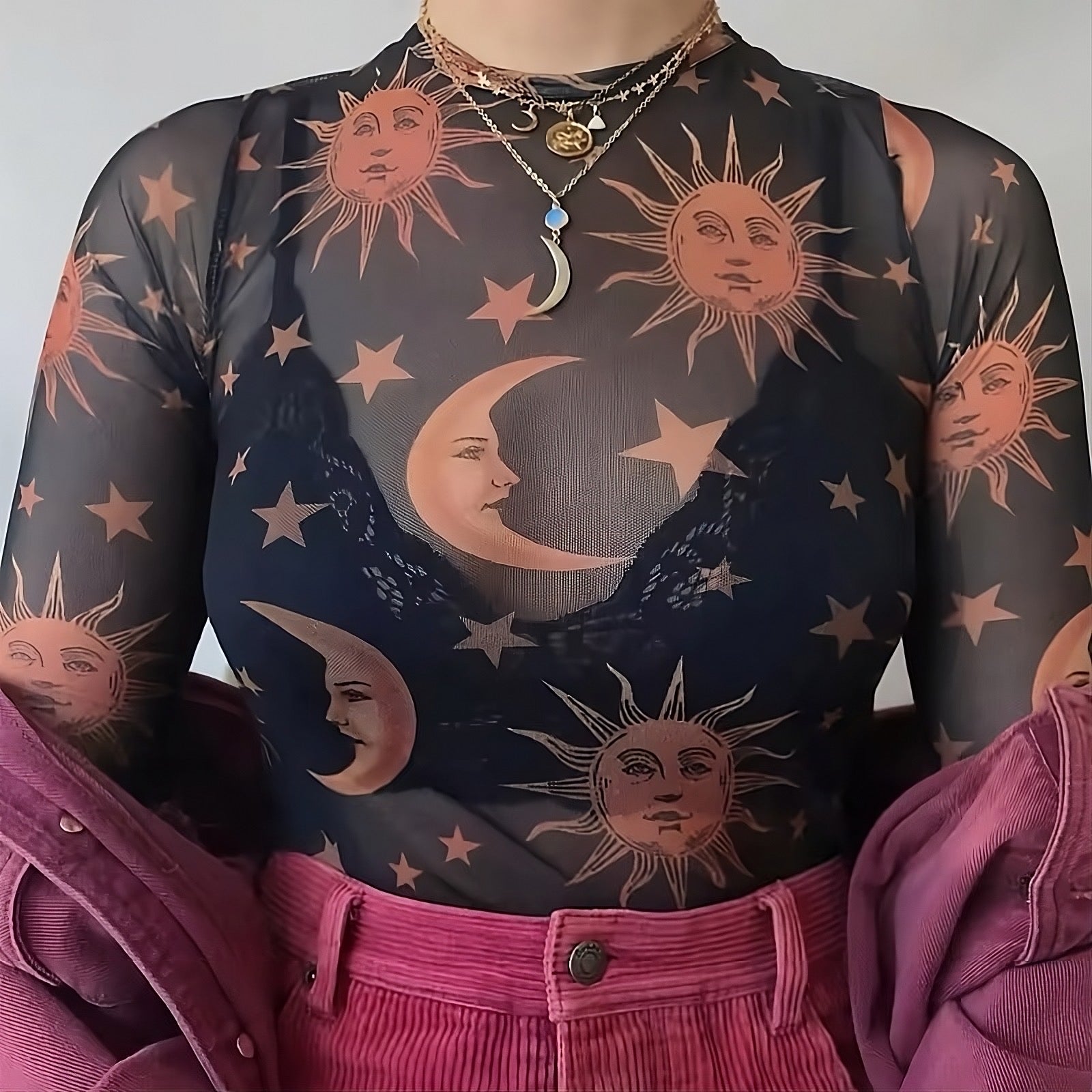 Slim-Fit Mesh Crop Top for Women – Sun and Moon Celestial Design