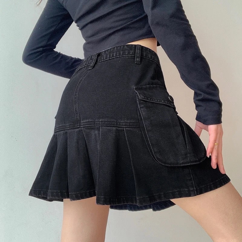 Harajuku dark denim mini skirt for Y2K and Mall Goth outfits