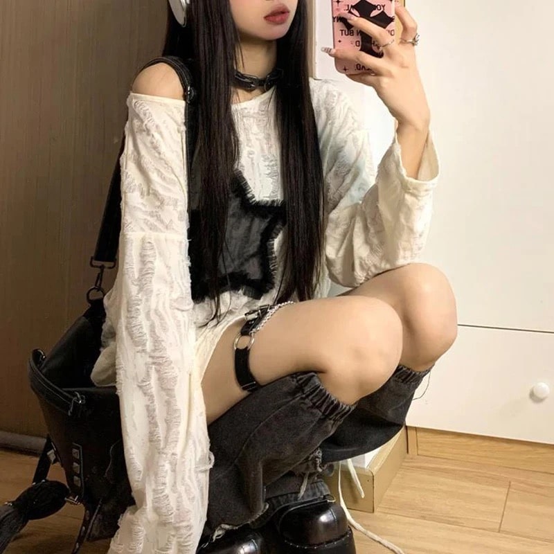 Grunge Y2K T-Shirt | Star Long Sleeve Knit Gothic Sweater – The Feelz